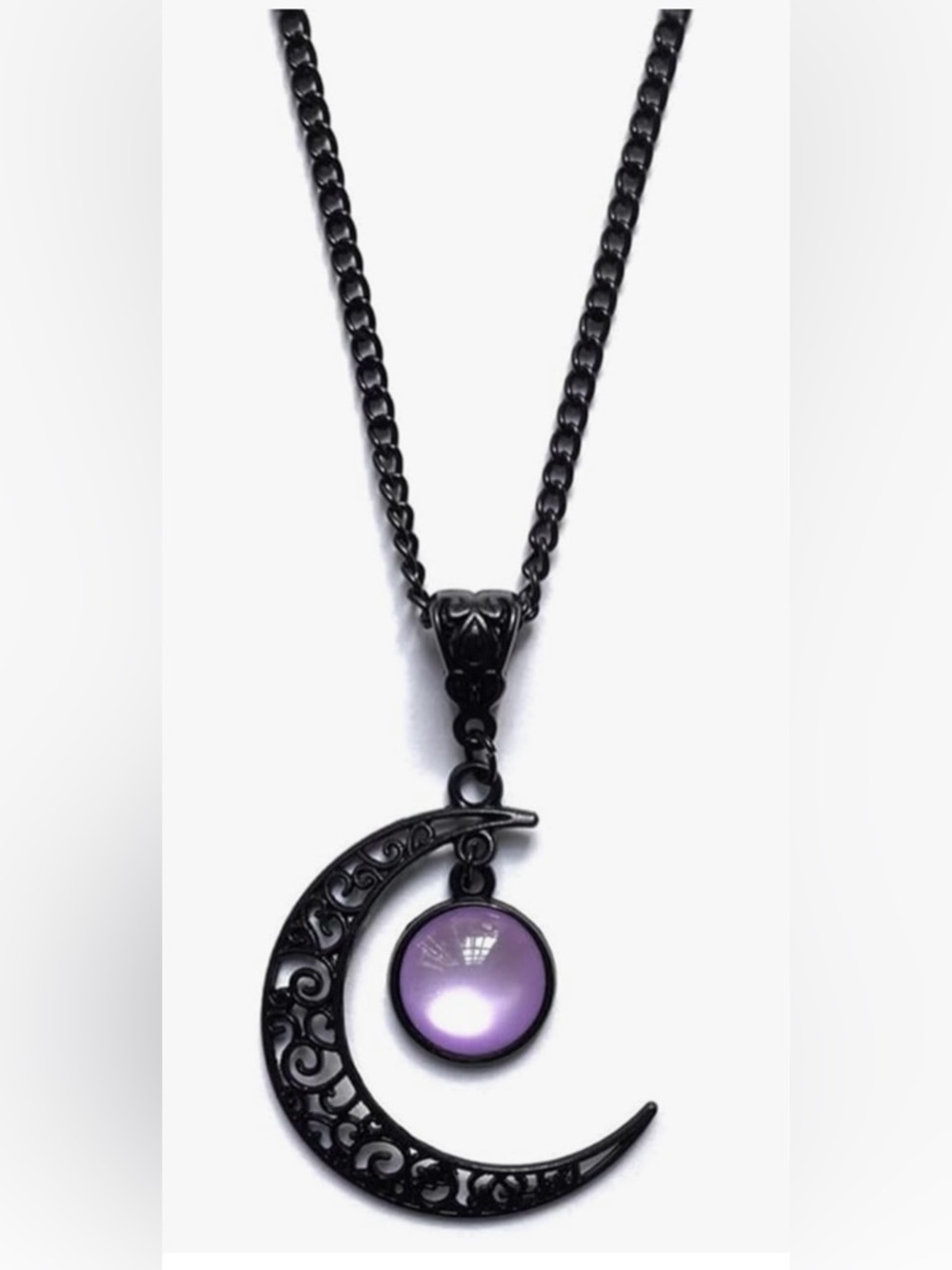 Moon Crescent Pendant Necklace with Purple Glass Cabochon